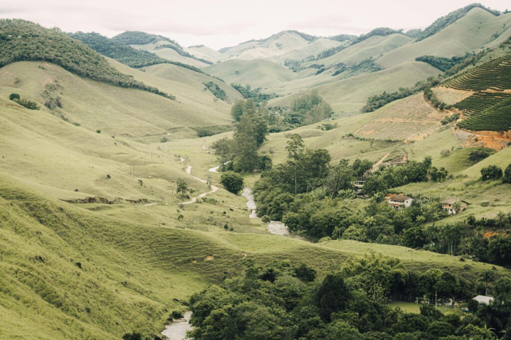 A breathtaking view of a lush green valley with rolling hills, trees, and a river.